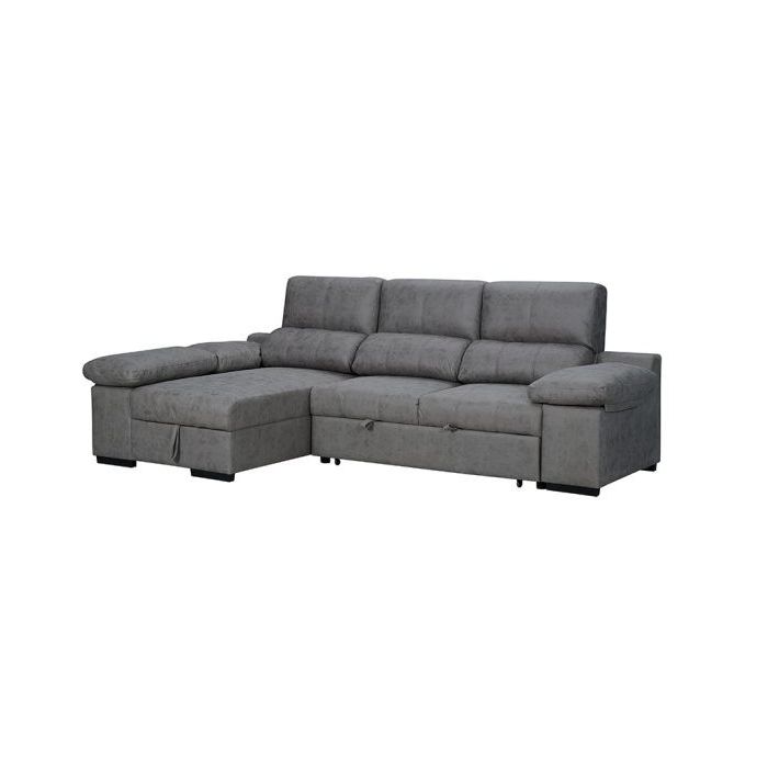 Sofá con Chaiselongue Reversible Color Cemento, Asientos Extensibles y Arcón, 291x160x104 cm, Tapizado en Tela