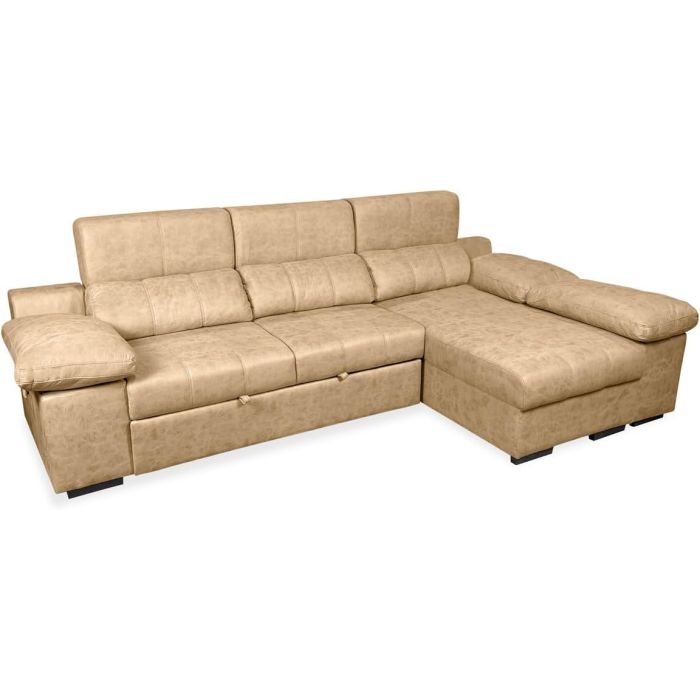 Sofá con Chaiselongue Reversible Color Piedra, Asientos Extensibles y Arcón, 291x160x104 cm, Tapizado en Tela