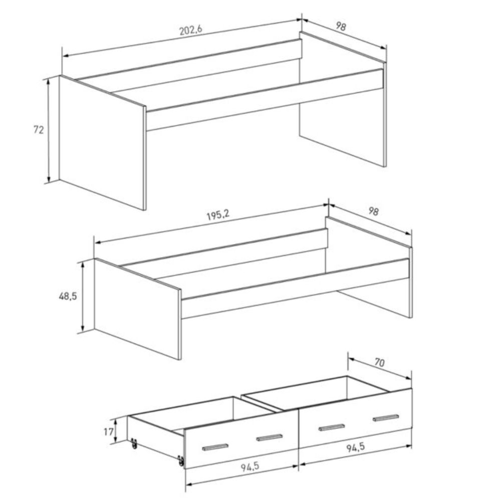 Cama Nido Juvenil Doble con Cajones de Almacenaje – Beige y Negro, 202,6 cm Largo x 98 cm Ancho x 72 cm Alto, Primera Calidad