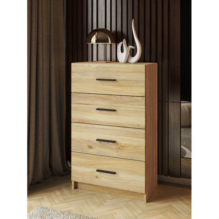 Sinfonier de 4 Cajones para Dormitorio, Acabado en Mauvella y Negro, Medidas: 60 cm (Largo) x 100 cm (Alto) x 34,4 cm (Fondo)