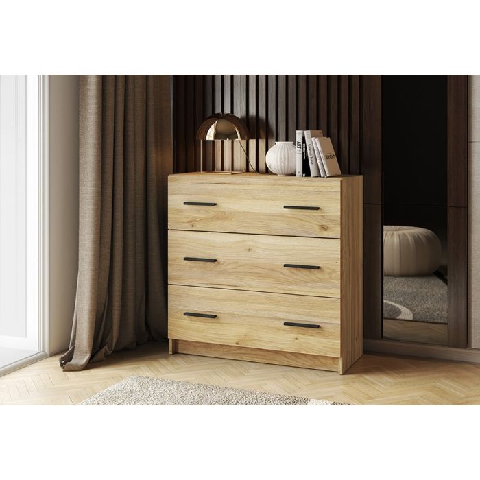 Cómoda de 3 Cajones para Dormitorio, Cajonera Dormitorio, Acabado en Mauvella y Negro, 80 cm (Lar) x 81 cm (Al) x 34,4 cm (Fon)