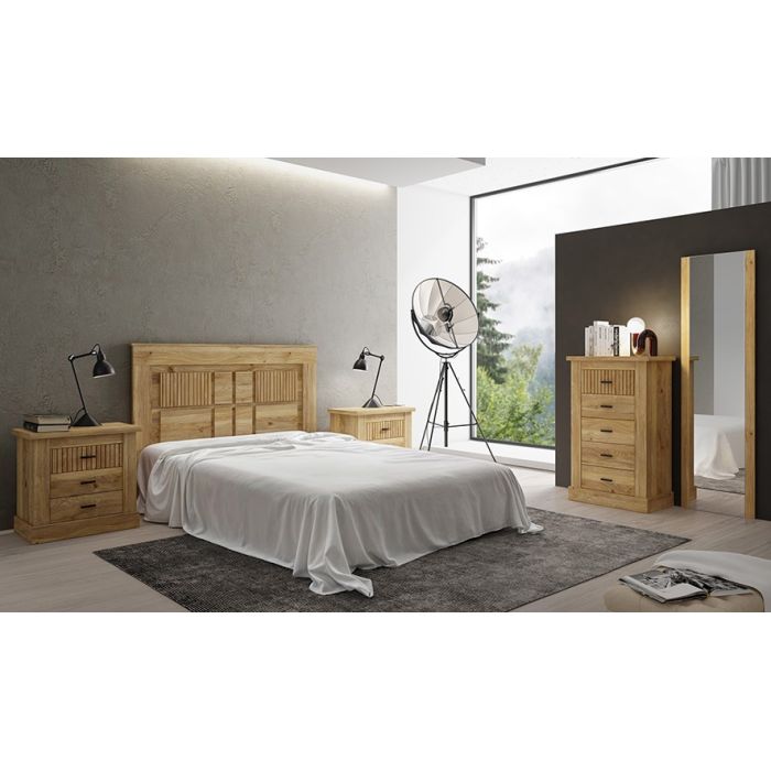 Pack de Muebles de Dormitorio Habitación con Cabecero, 2 Mesitas de Noche 3 Cajones y Sinfonier en Color Mauvella Rayas