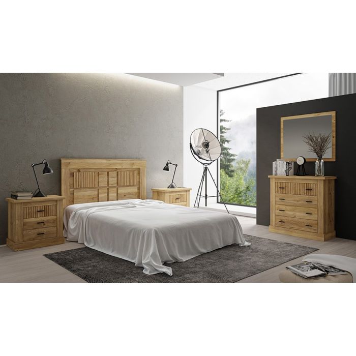 Pack de Muebles de Dormitorio Habitación con Cabecero, 2 Mesitas de Noche 3 Cajones y Cómoda en Color Mauvella Rayas