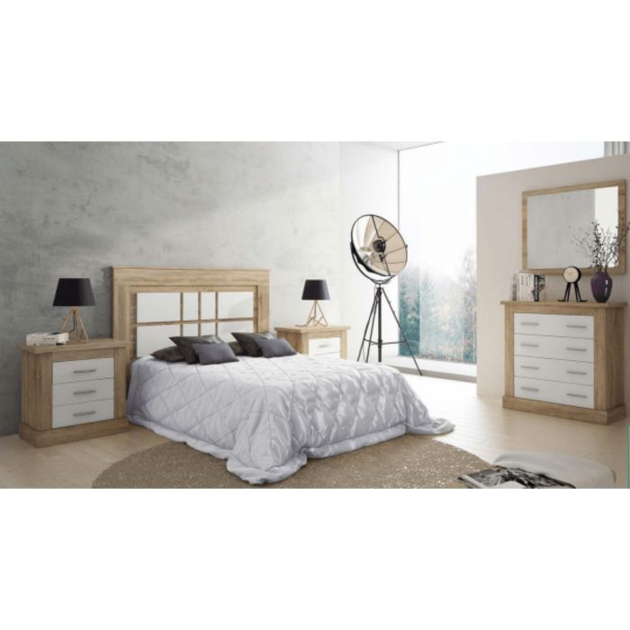 Pack de Dormitorio con Cabecero de 160 x 120 cm + 2 Mesitas de Noche + Cómoda | Color Cambria y Blanco