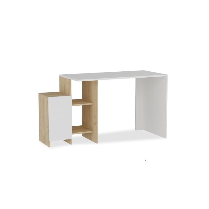 Escritorio de Oficina Moderno en Color Blanco y Roble - 113x55x74 cm - Con Cajón y Estantes